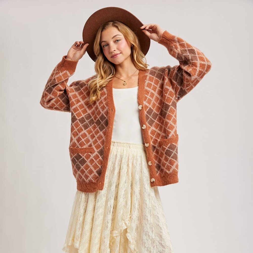 Bluivy Argyle Button Down Cardigan Caramel - image 2